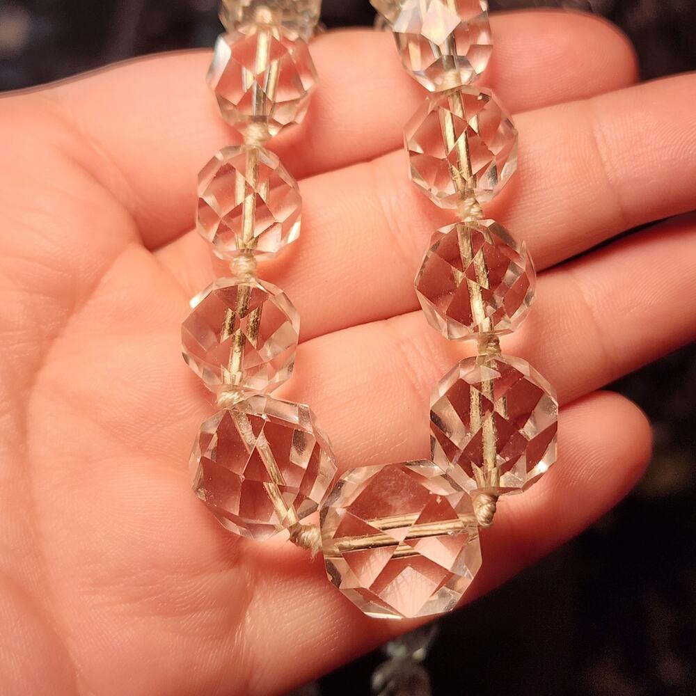 Vtg Faceted Quartz Crystal Graduated Hand Knotted Necklace 14K White Gold Clasp - Picture 7 of 10